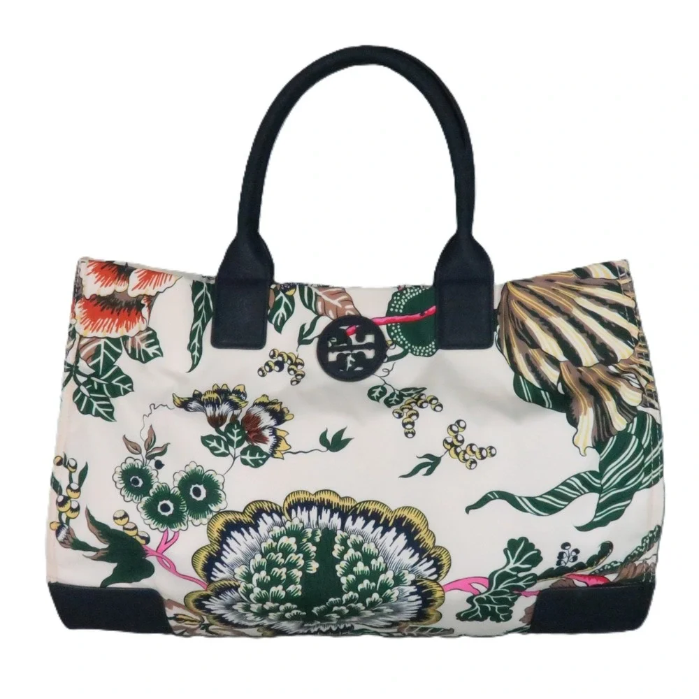 Tory Burch Happy Times Ella Tote Bag Womens Cream Floral Nylon Leather Tropical